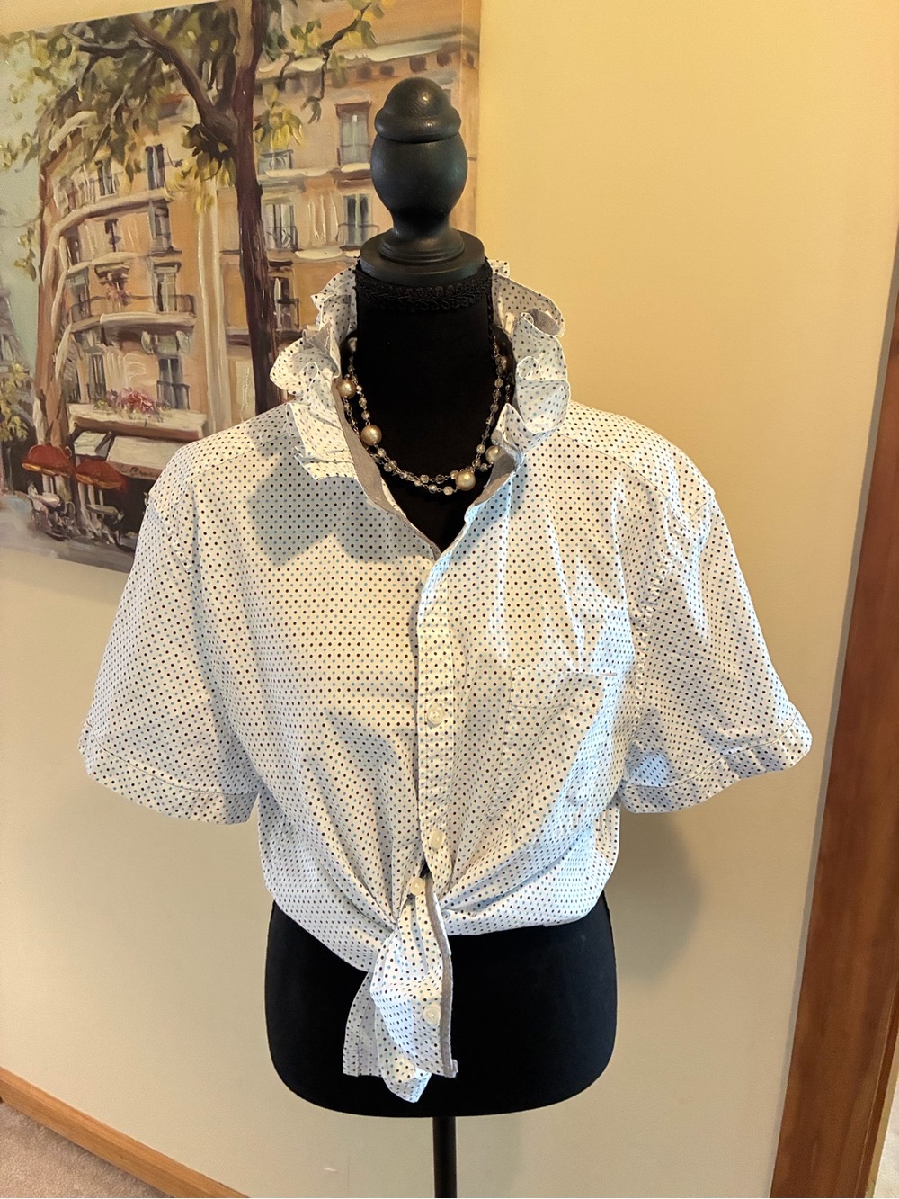 Kenneth Cole White Short-Sleeve Polka Dot Tie-Front Blouse